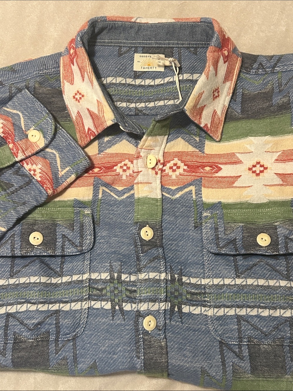 NEW Faherty Doug Good Feather Canyon Overshirt Blue Aztec Southwestern Shirt XL